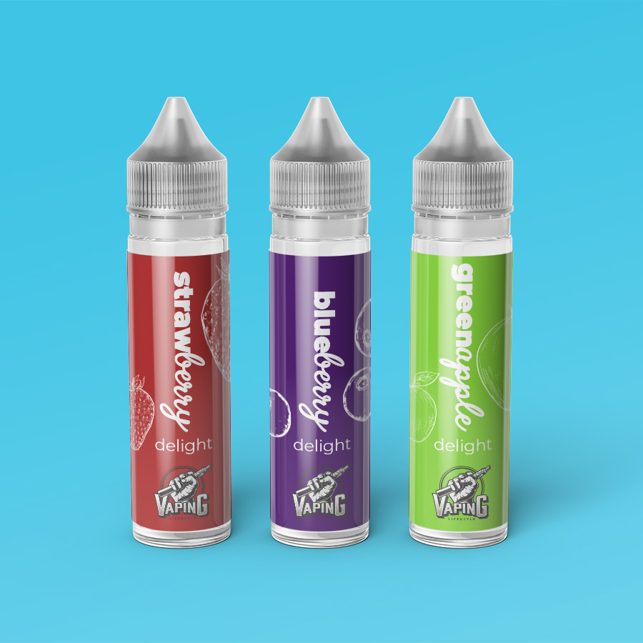 Delight vape bottle label designs, strawberry, blueberry and green apple flavours