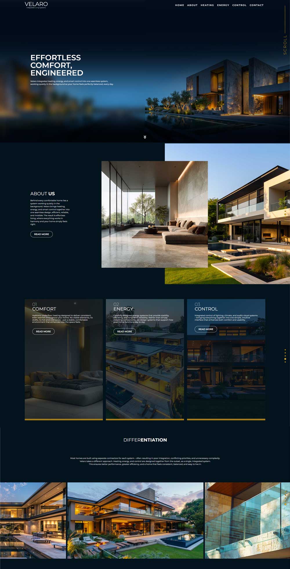 Velaro full page website design showing homepage, About Us, and Comfort, Energy, Control sections, designed by Zoeke Design Studio