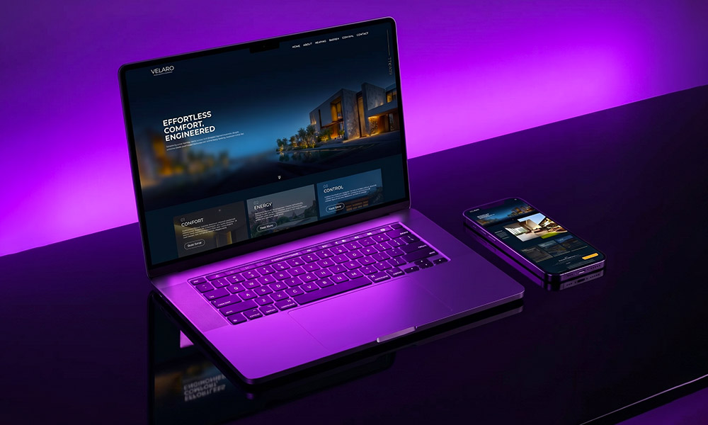 Velaro website design displayed on laptop and mobile, frosted glass homepage by Zoeke Design Studio