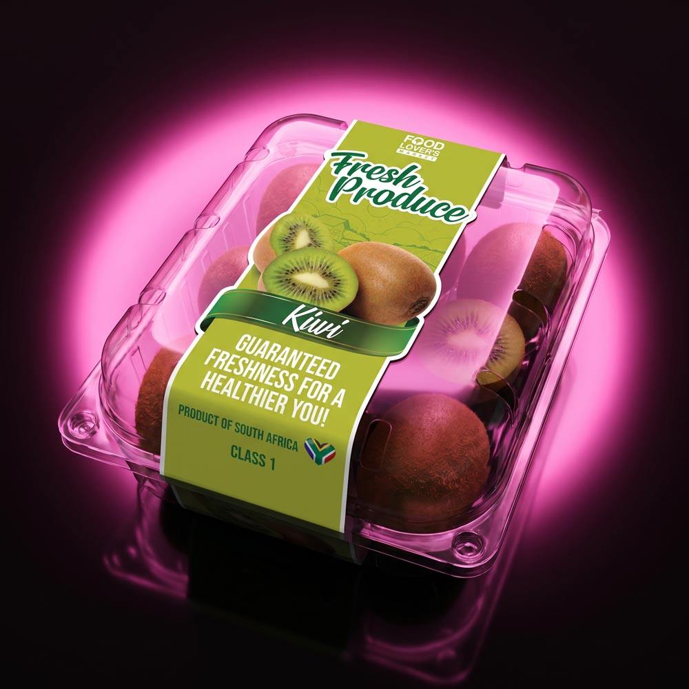 Food Lover's Market kiwi produce label design, clamshell packaging
