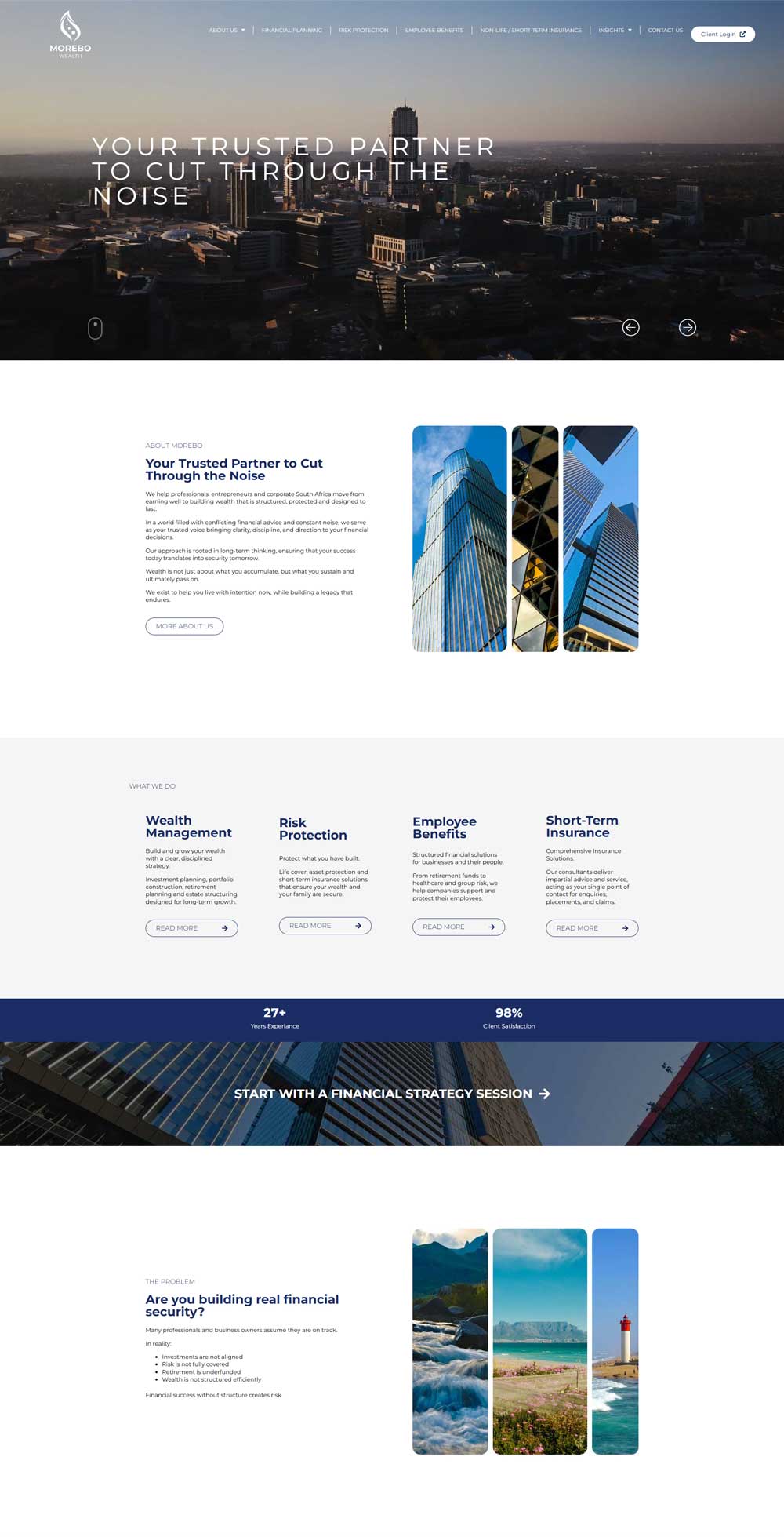 Morebo financial planning website homepage and services pages after redesign, by Zoeke Design Studio
